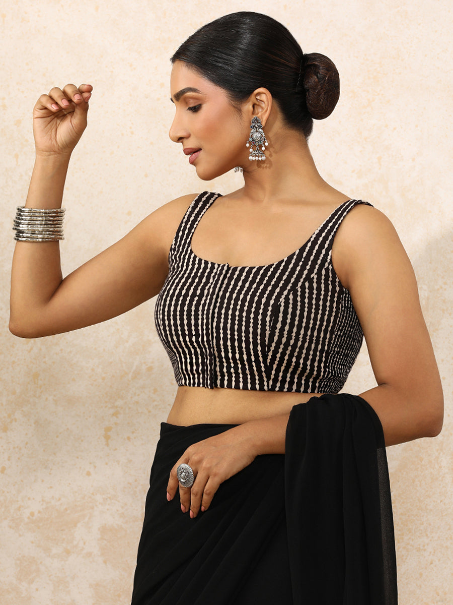 Jiva x Rozaana Saree Blouse, in Black 100% Cotton - Block Printed, featuring sleeveless and round neckline (view 5).