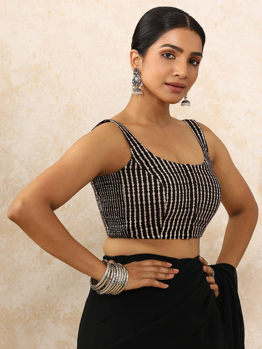 Jiva x Rozaana Saree Blouse, in Black 100% Cotton - Block Printed, featuring sleeveless and round neckline (view 8).