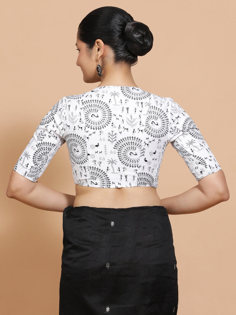 Jivika x Rozaana | Elbow Sleeves Cotton Saree Blouse in White Warli Print Fabric-Binks