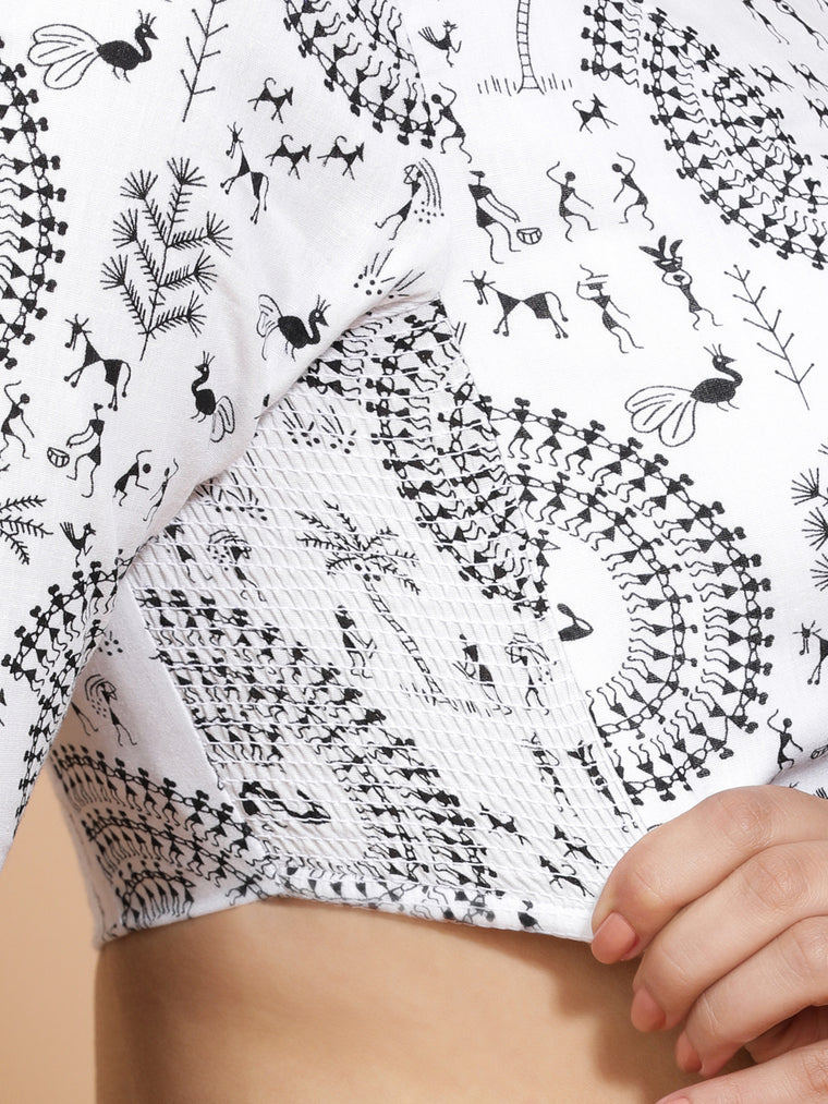 Jivika x Rozaana Saree Blouse, in White Cotton, featuring elbow sleeves and v-neckline, made for daily & work (view 3).
