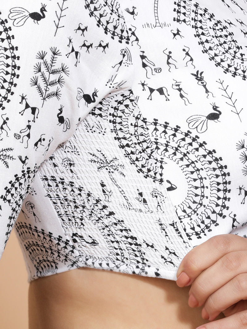 Jivika x Rozaana | Elbow Sleeves Cotton Saree Blouse in White Warli Print Fabric-Binks