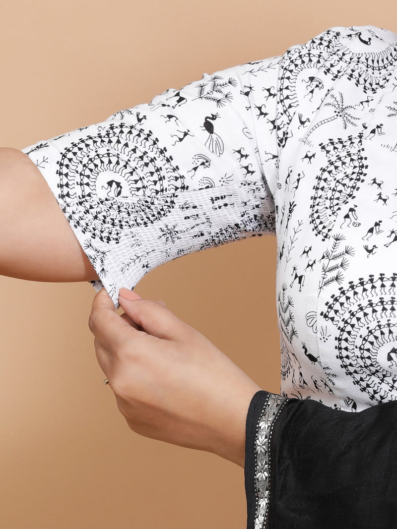 Jivika x Rozaana | Elbow Sleeves Cotton Saree Blouse in White Warli Print Fabric-Binks