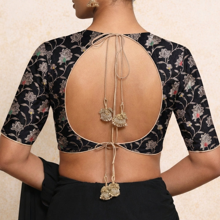 Jodha x Tyohaar Saree Blouse, in Black Meenakari Satin Viscose, featuring elbow sleeves and stylised neckline (view 2).