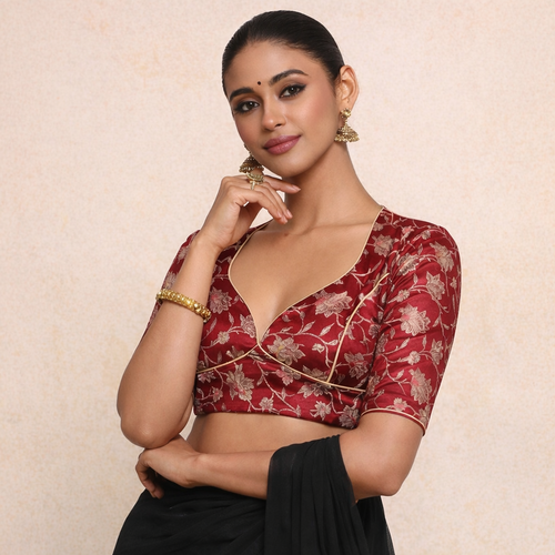 Jodha x Tyohaar Saree Blouse, in Red Meenakari Satin Viscose, featuring elbow sleeves and stylised neckline.