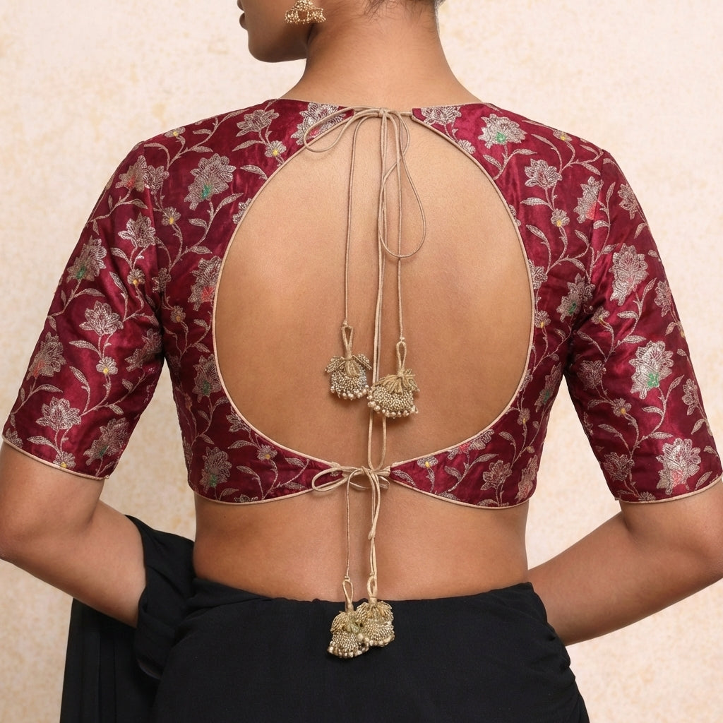Jodha x Tyohaar Saree Blouse, in Red Meenakari Satin Viscose, featuring elbow sleeves and stylised neckline (view 2).