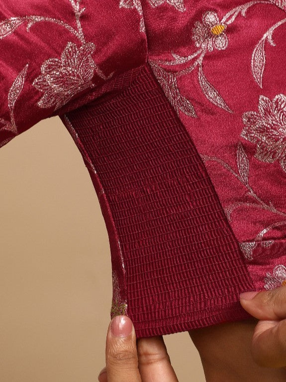 Jodha x Tyohaar Saree Blouse, in Red Meenakari Satin Viscose, featuring elbow sleeves and stylised neckline (view 3).
