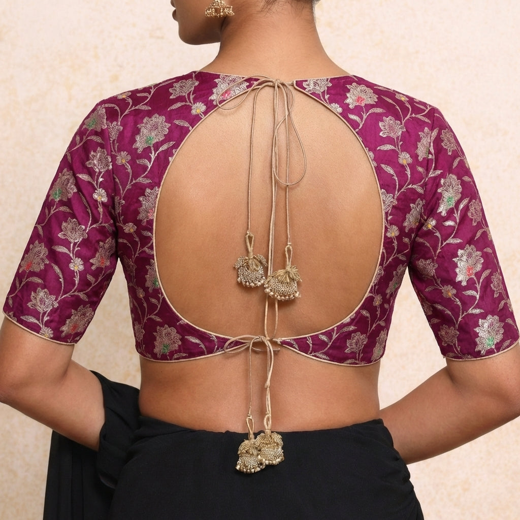 Jodha x Tyohaar Saree Blouse, in Purple Meenakari Satin Viscose, featuring elbow sleeves and stylised neckline (view 2).