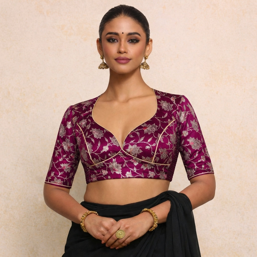 Jodha x Tyohaar Saree Blouse, in Purple Meenakari Satin Viscose, featuring elbow sleeves and stylised neckline (view 5).
