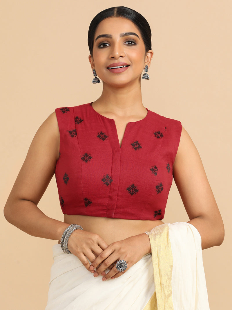 Juhi x Rozaana | Sleeveless Saree Blouse in Red Jacquard Cotton-Binks