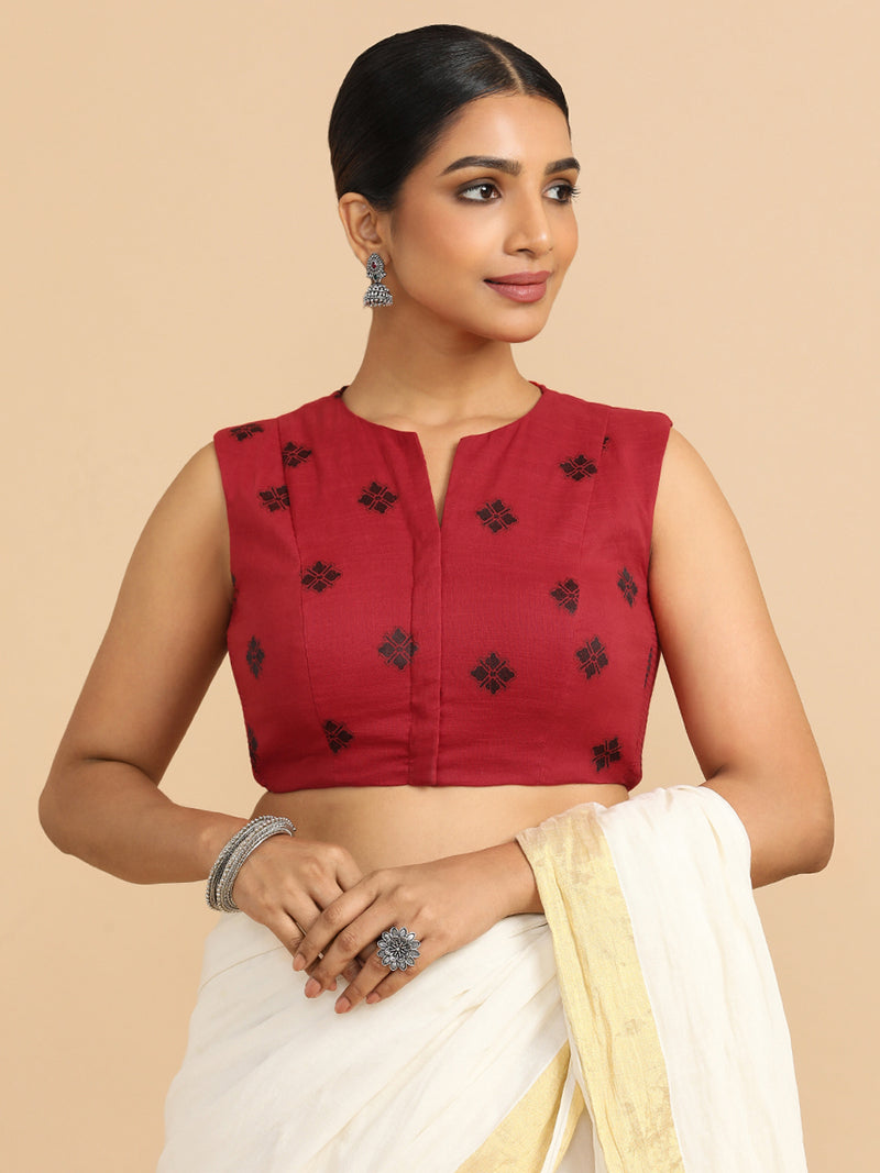 Juhi x Rozaana | Sleeveless Saree Blouse in Red Jacquard Cotton-Binks