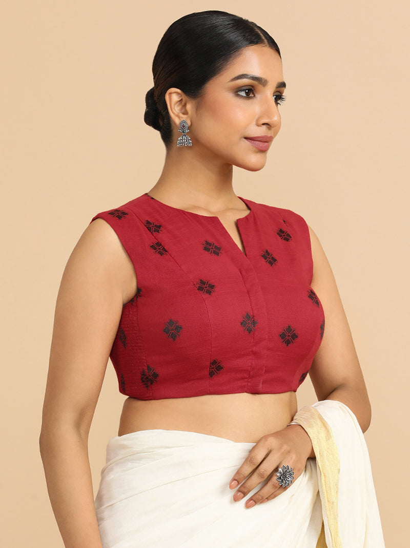 Juhi x Rozaana | Sleeveless Saree Blouse in Red Jacquard Cotton-Binks