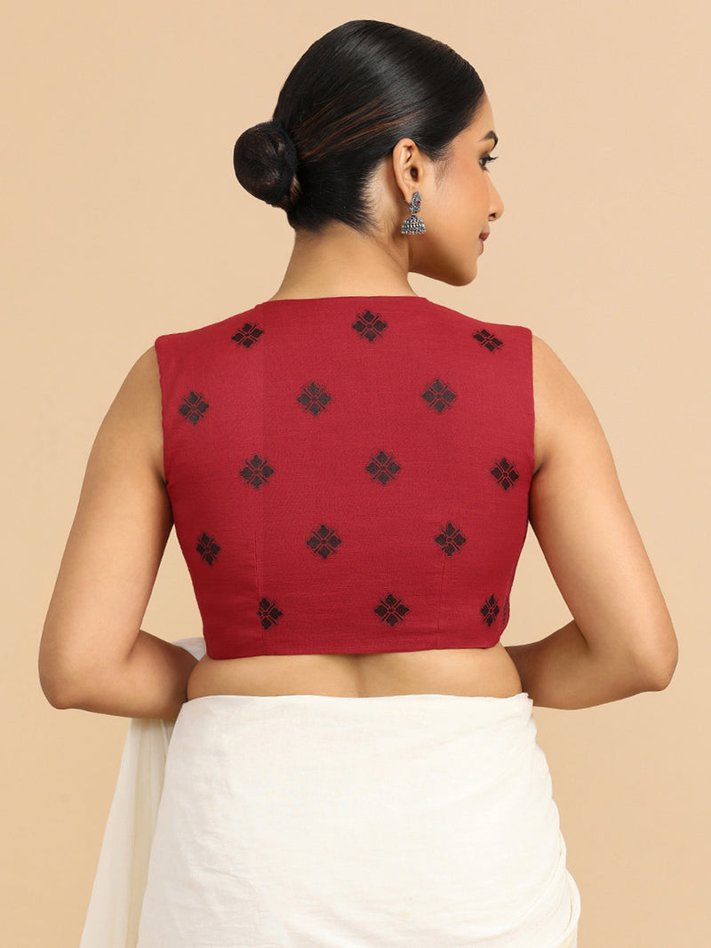 Juhi x Rozaana | Sleeveless Saree Blouse in Red Jacquard Cotton-Binks