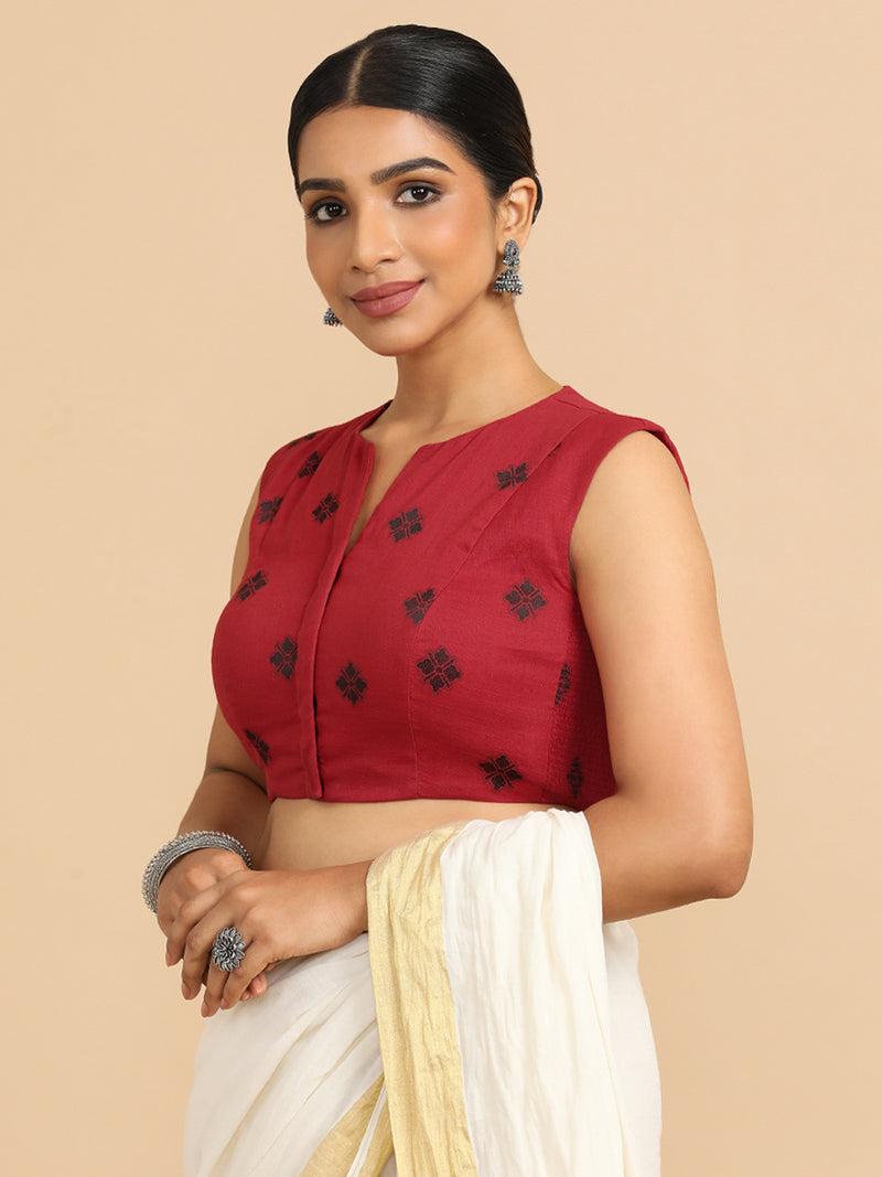 Juhi x Rozaana | Sleeveless Saree Blouse in Red Jacquard Cotton-Binks