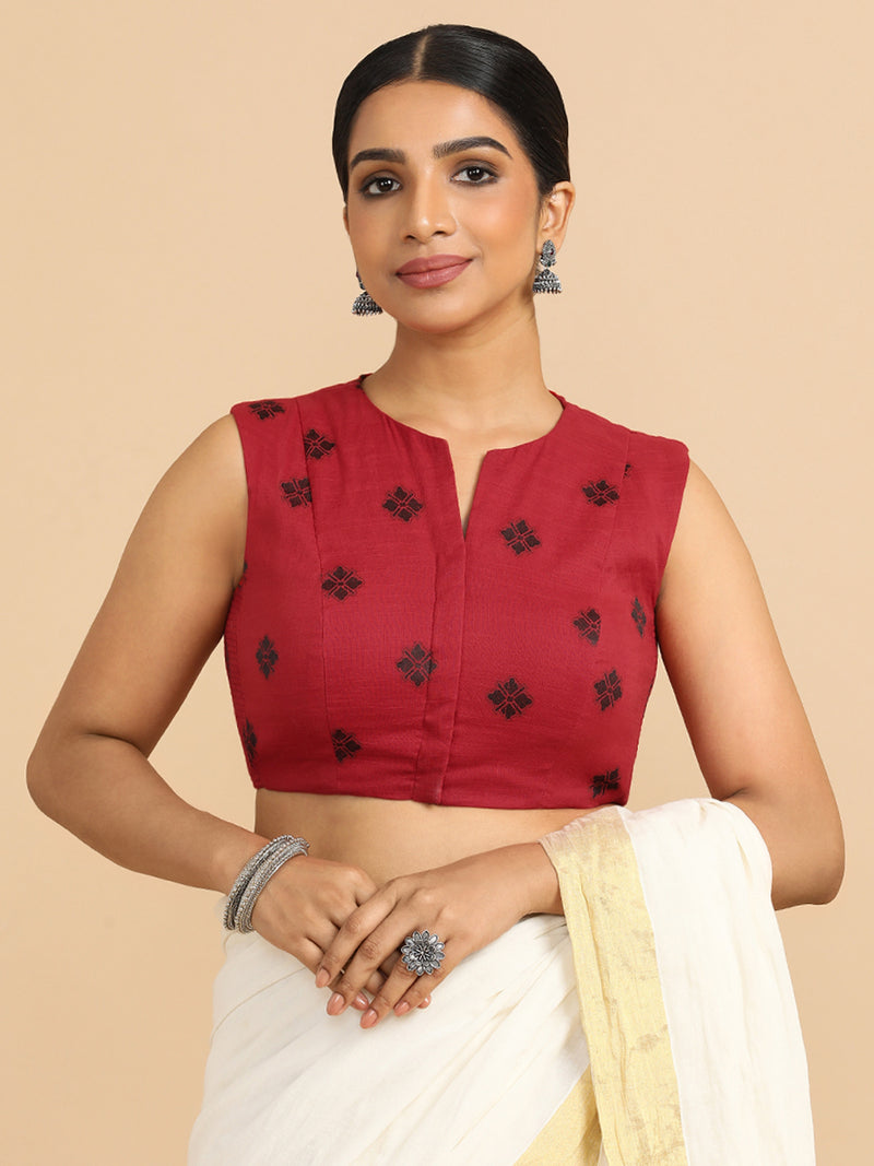 Juhi x Rozaana | Sleeveless Saree Blouse in Red Jacquard Cotton-Binks