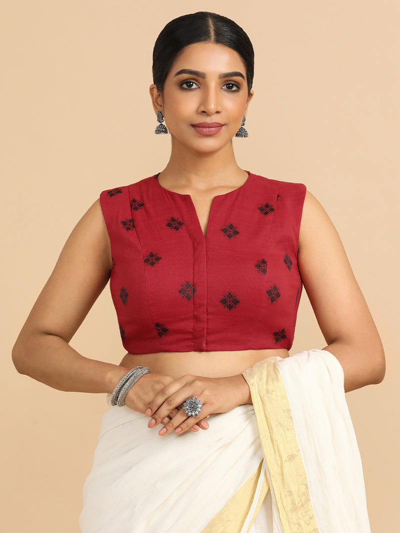 Juhi x Rozaana | Sleeveless Saree Blouse in Red Jacquard Cotton-Binks