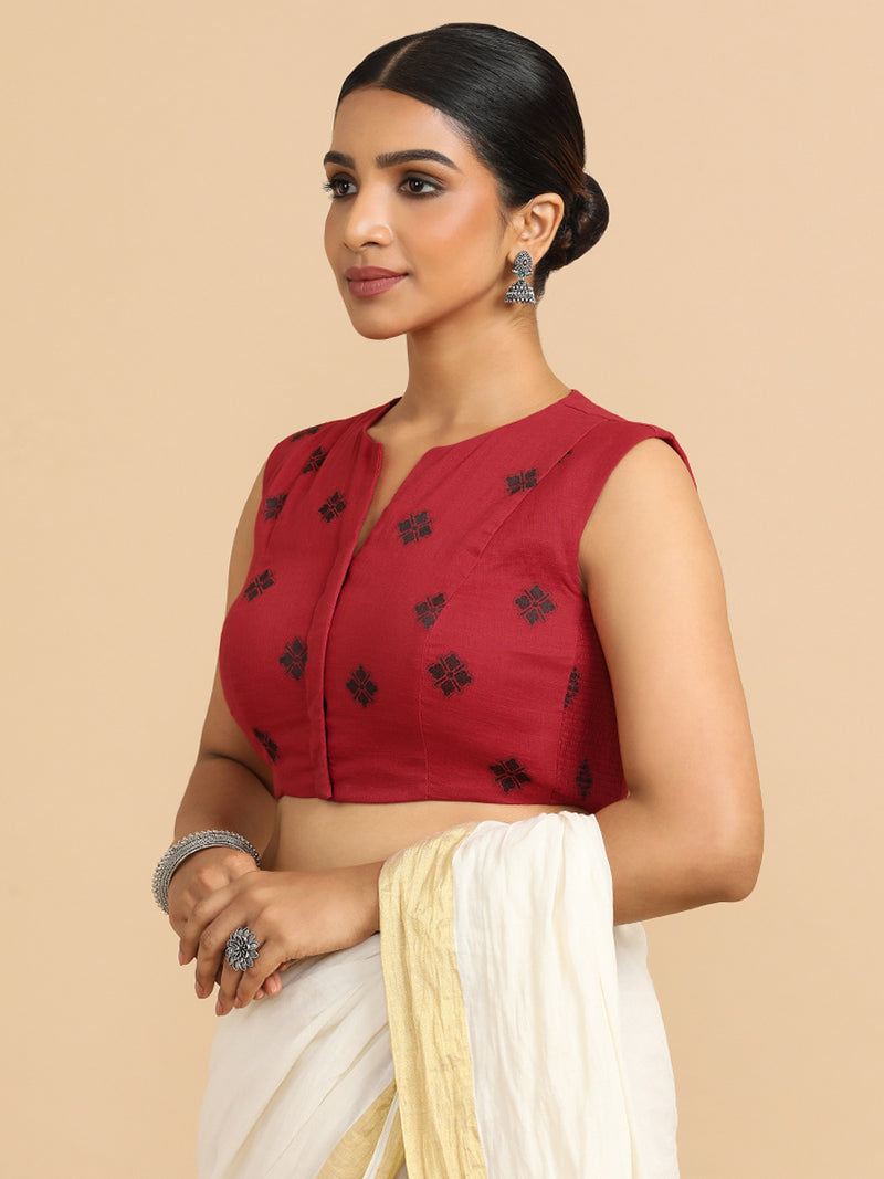 Juhi x Rozaana | Sleeveless Saree Blouse in Red Jacquard Cotton-Binks