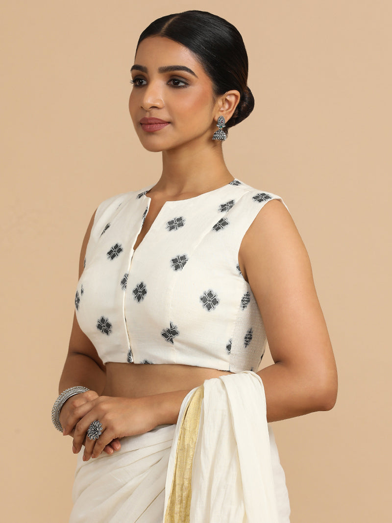 Juhi x Rozaana | Sleeveless Saree Blouse in White Jacquard Cotton-Binks