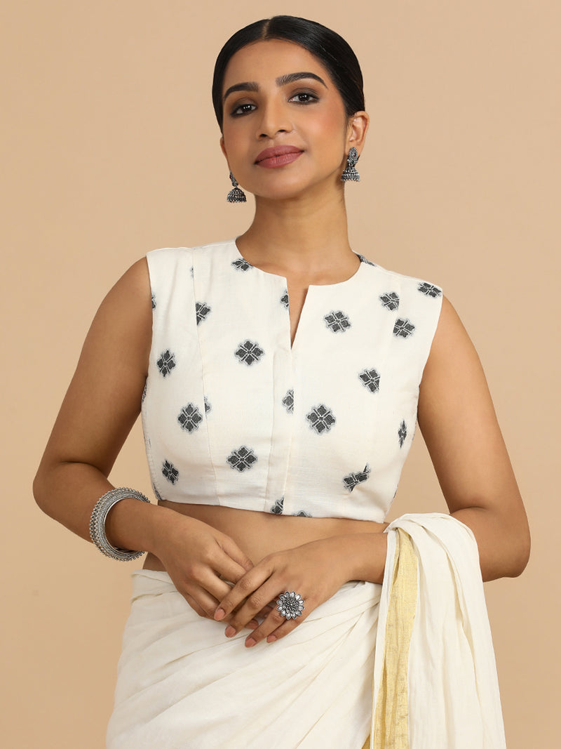 Juhi x Rozaana | Sleeveless Saree Blouse in White Jacquard Cotton-Binks