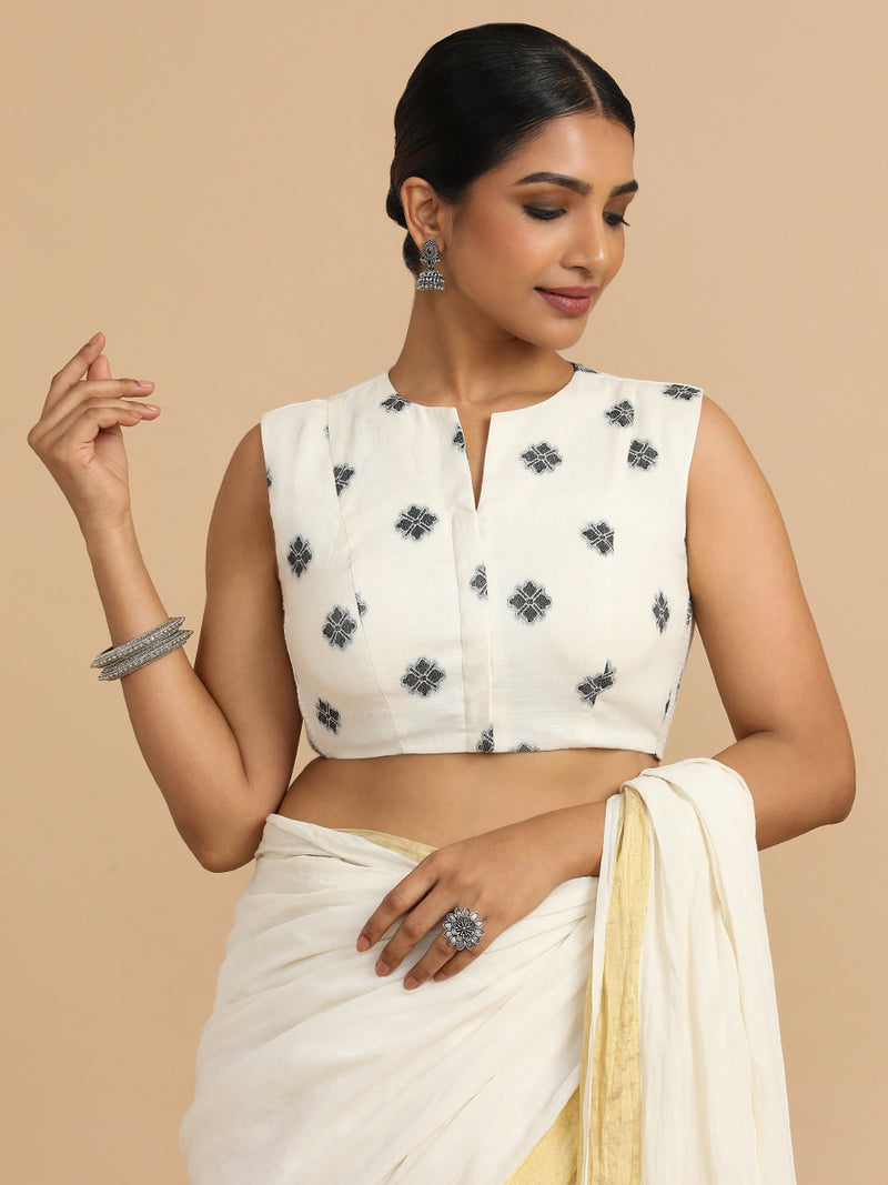 Juhi x Rozaana | Sleeveless Saree Blouse in White Jacquard Cotton-Binks