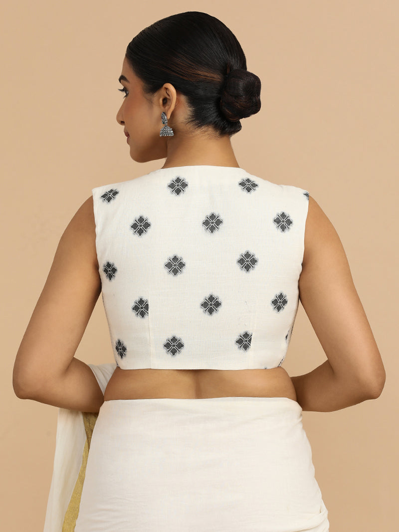 Juhi x Rozaana | Sleeveless Saree Blouse in White Jacquard Cotton-Binks