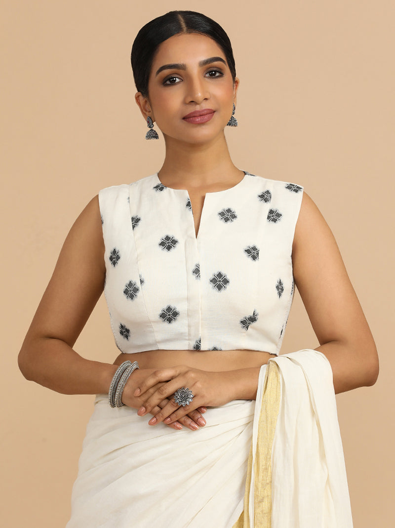 Juhi x Rozaana | Sleeveless Saree Blouse in White Jacquard Cotton-Binks