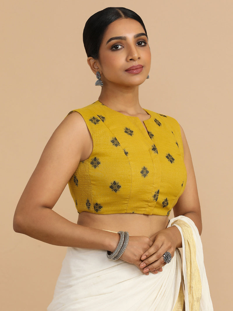 Juhi x Rozaana | Sleeveless Saree Blouse in Yellow Jacquard Cotton-Binks