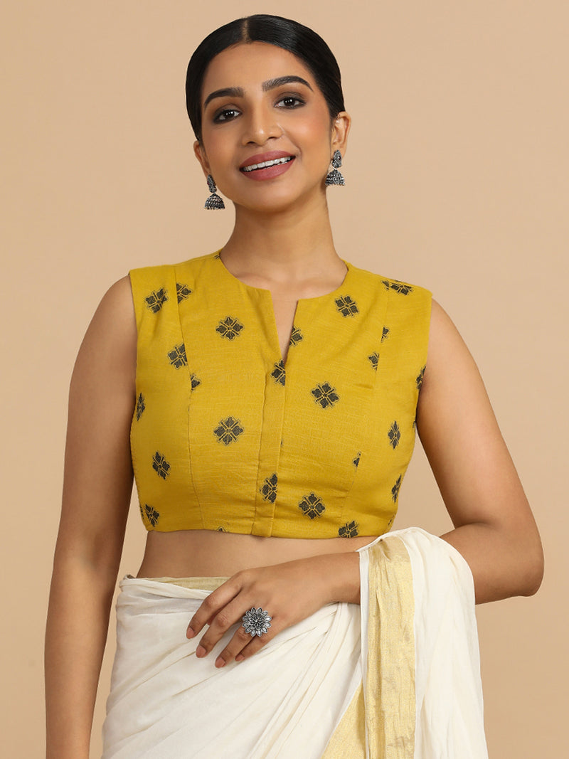 Juhi x Rozaana | Sleeveless Saree Blouse in Yellow Jacquard Cotton-Binks