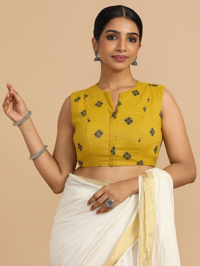 Juhi x Rozaana | Sleeveless Saree Blouse in Yellow Jacquard Cotton-Binks