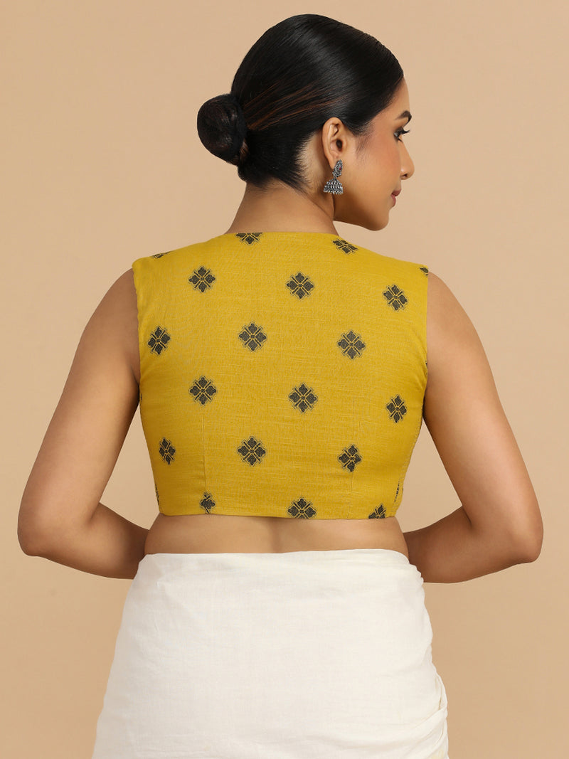Juhi x Rozaana | Sleeveless Saree Blouse in Yellow Jacquard Cotton-Binks