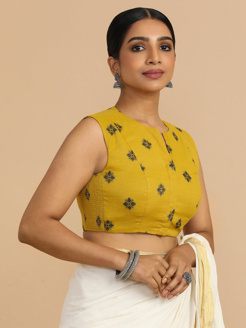 Juhi x Rozaana | Sleeveless Saree Blouse in Yellow Jacquard Cotton-Binks