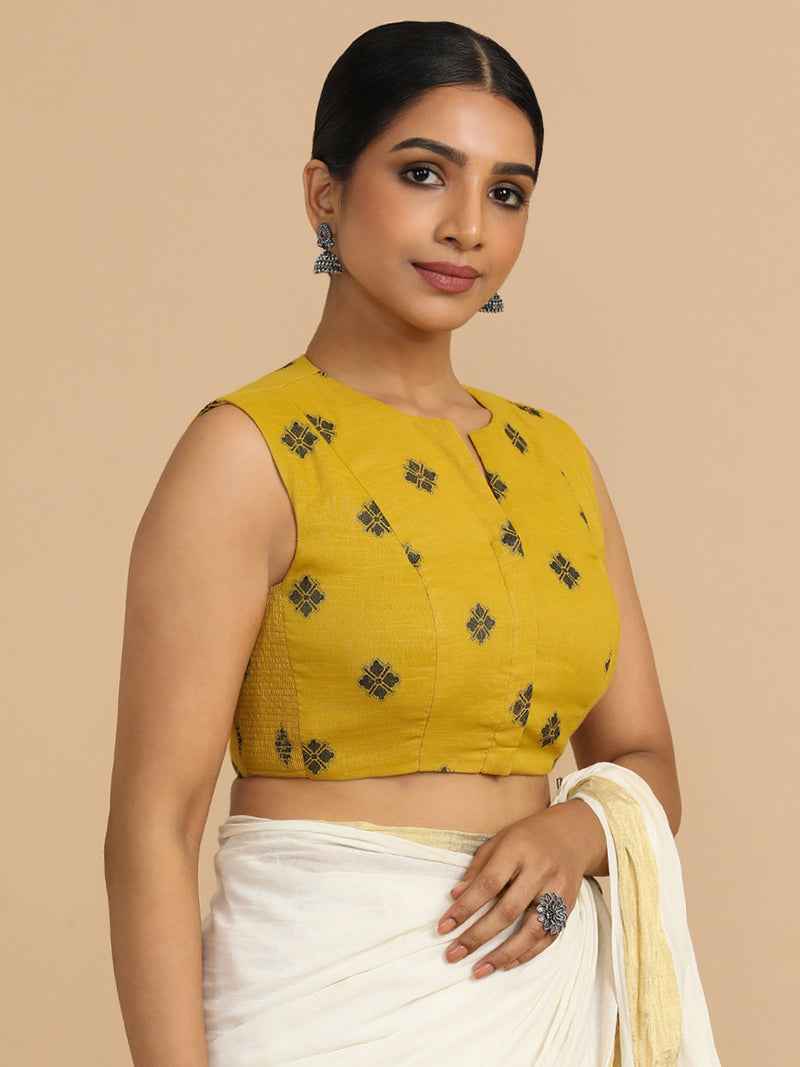 Juhi x Rozaana | Sleeveless Saree Blouse in Yellow Jacquard Cotton-Binks