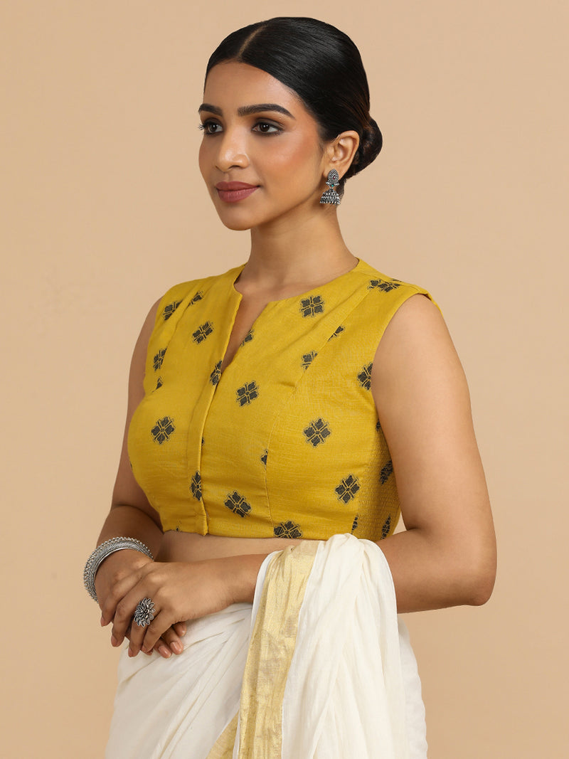 Juhi x Rozaana | Sleeveless Saree Blouse in Yellow Jacquard Cotton-Binks