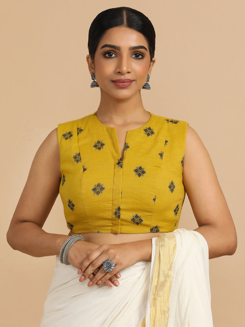 Juhi x Rozaana | Sleeveless Saree Blouse in Yellow Jacquard Cotton-Binks