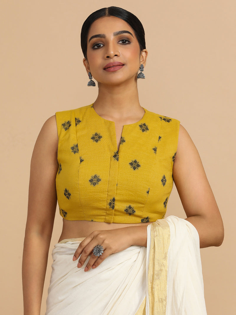 Juhi x Rozaana | Sleeveless Saree Blouse in Yellow Jacquard Cotton-Binks