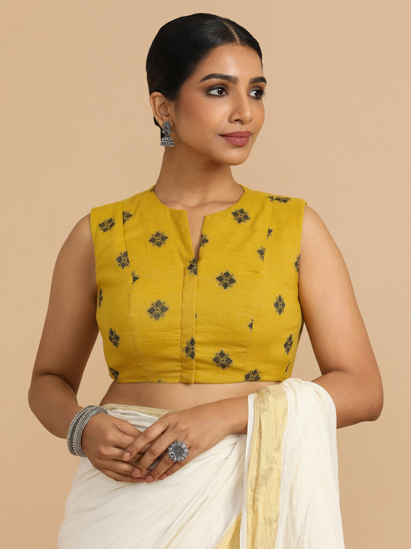 Juhi x Rozaana | Sleeveless Saree Blouse in Yellow Jacquard Cotton-Binks