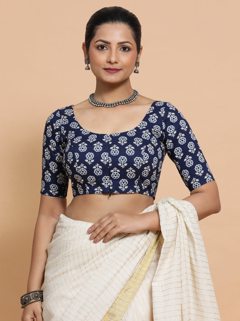 Jyoti x Rozaana | Elbow Sleeves Cotton Saree Blouse in Indigo Blue Flower Block Print Fabric-Binks