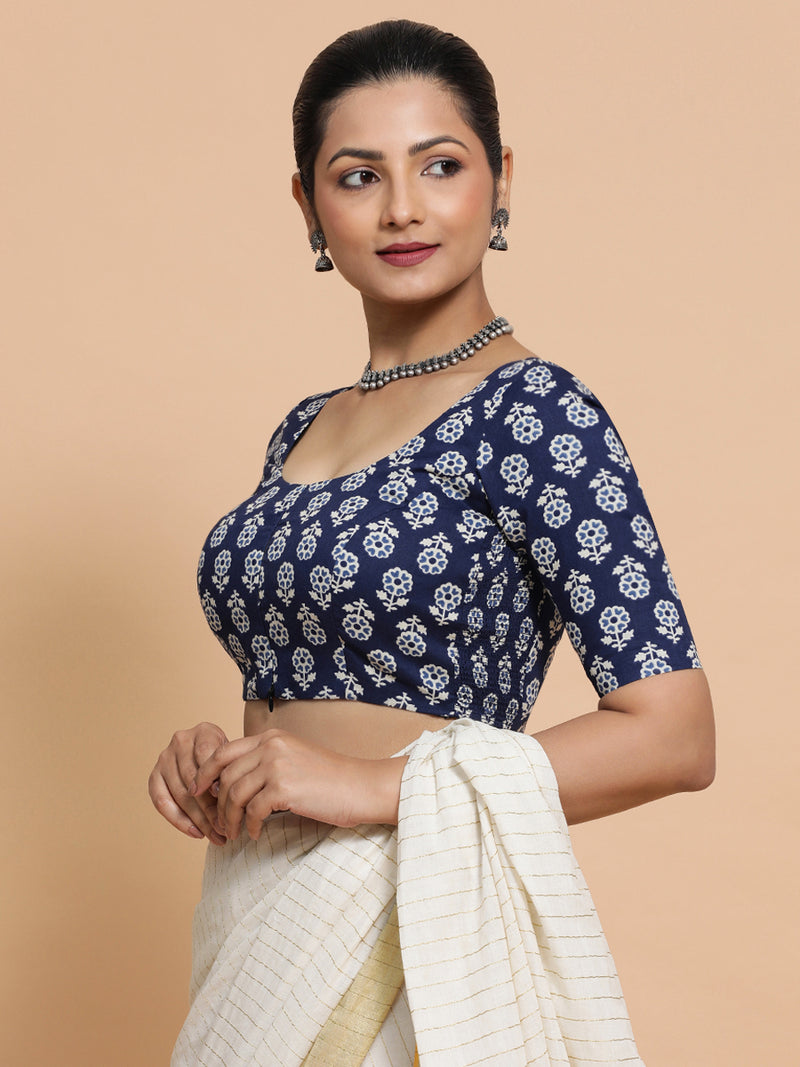 Jyoti x Rozaana | Elbow Sleeves Cotton Saree Blouse in Indigo Blue Flower Block Print Fabric-Binks