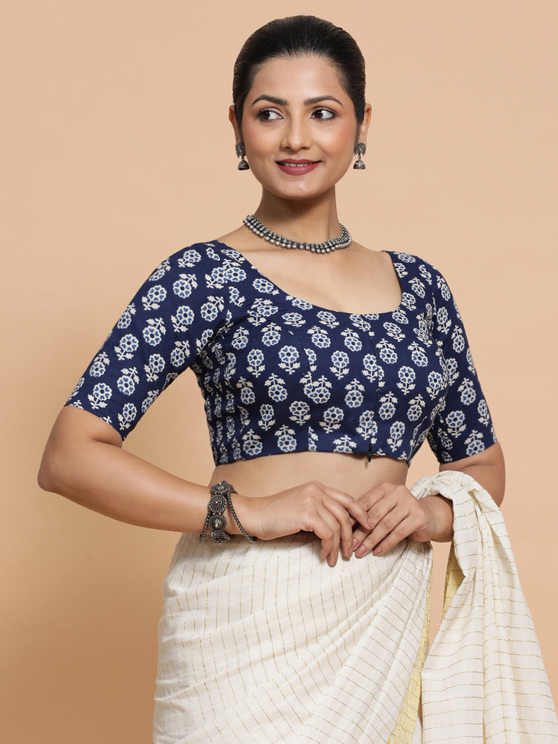 Jyoti x Rozaana | Elbow Sleeves Cotton Saree Blouse in Indigo Blue Flower Block Print Fabric-Binks
