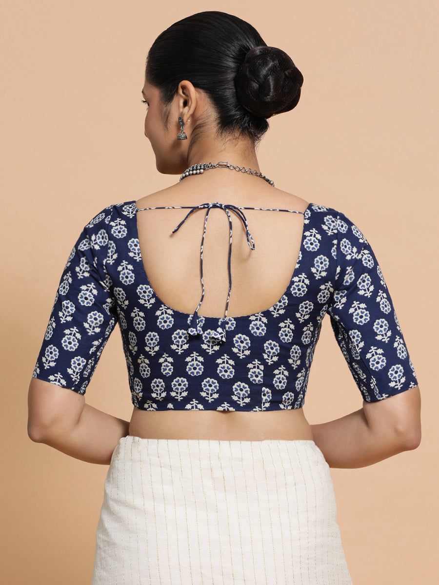 Jyoti x Rozaana Saree Blouse, in Blue Cotton, featuring elbow sleeves and round neckline, made for daily & work (view 2).