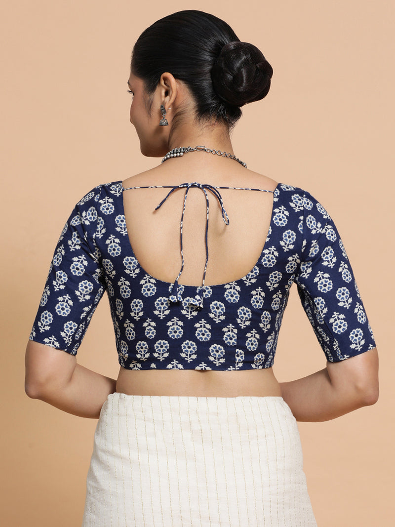 Jyoti x Rozaana | Elbow Sleeves Cotton Saree Blouse in Indigo Blue Flower Block Print Fabric-Binks