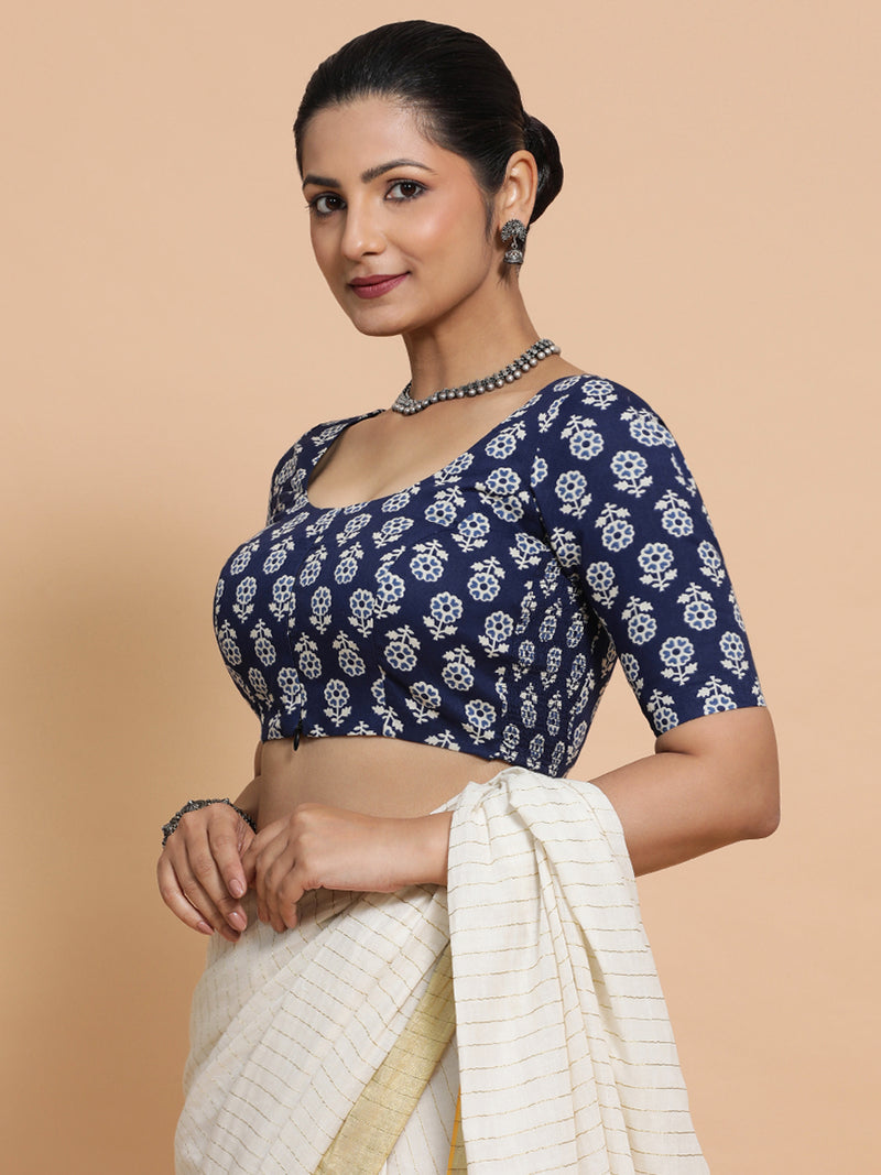 Jyoti x Rozaana | Elbow Sleeves Cotton Saree Blouse in Indigo Blue Flower Block Print Fabric-Binks