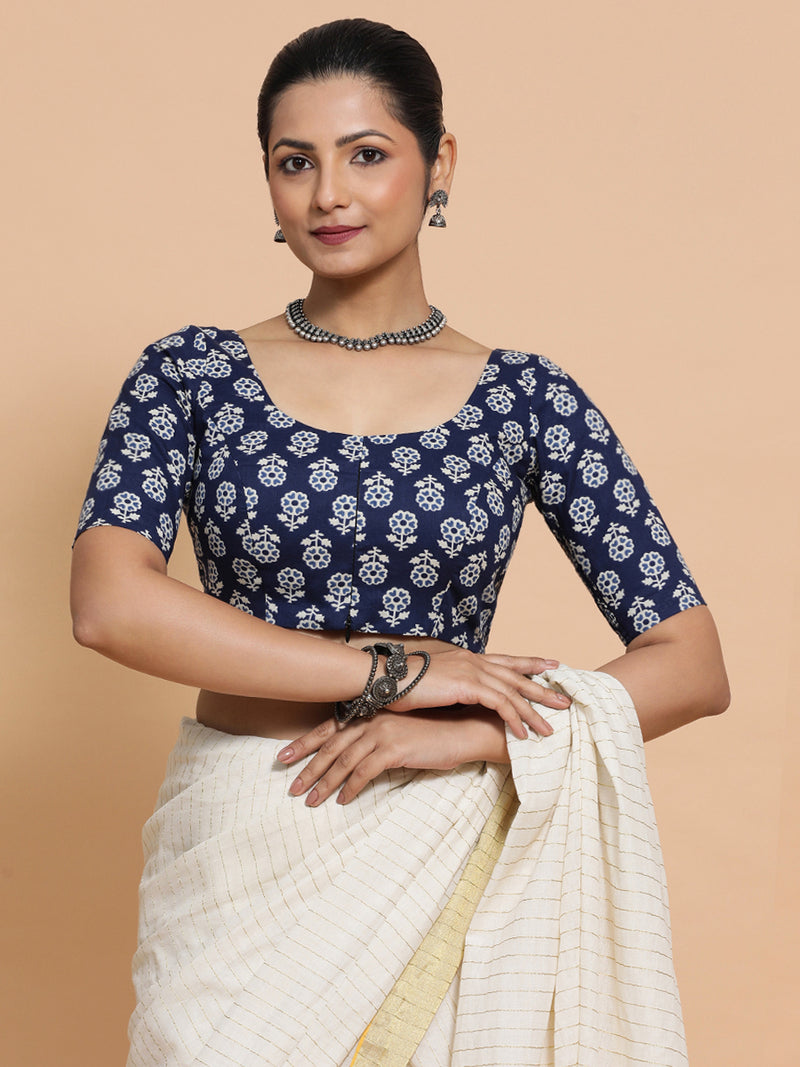 Jyoti x Rozaana | Elbow Sleeves Cotton Saree Blouse in Indigo Blue Flower Block Print Fabric-Binks