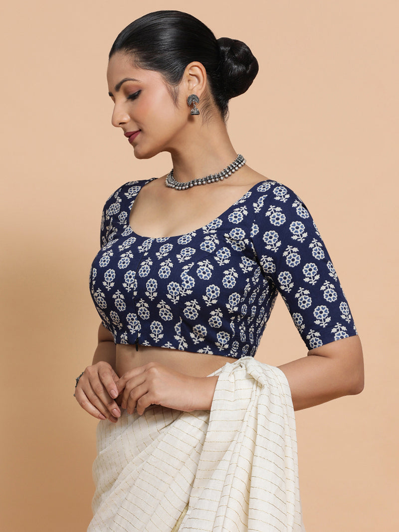 Jyoti x Rozaana | Elbow Sleeves Cotton Saree Blouse in Indigo Blue Flower Block Print Fabric-Binks