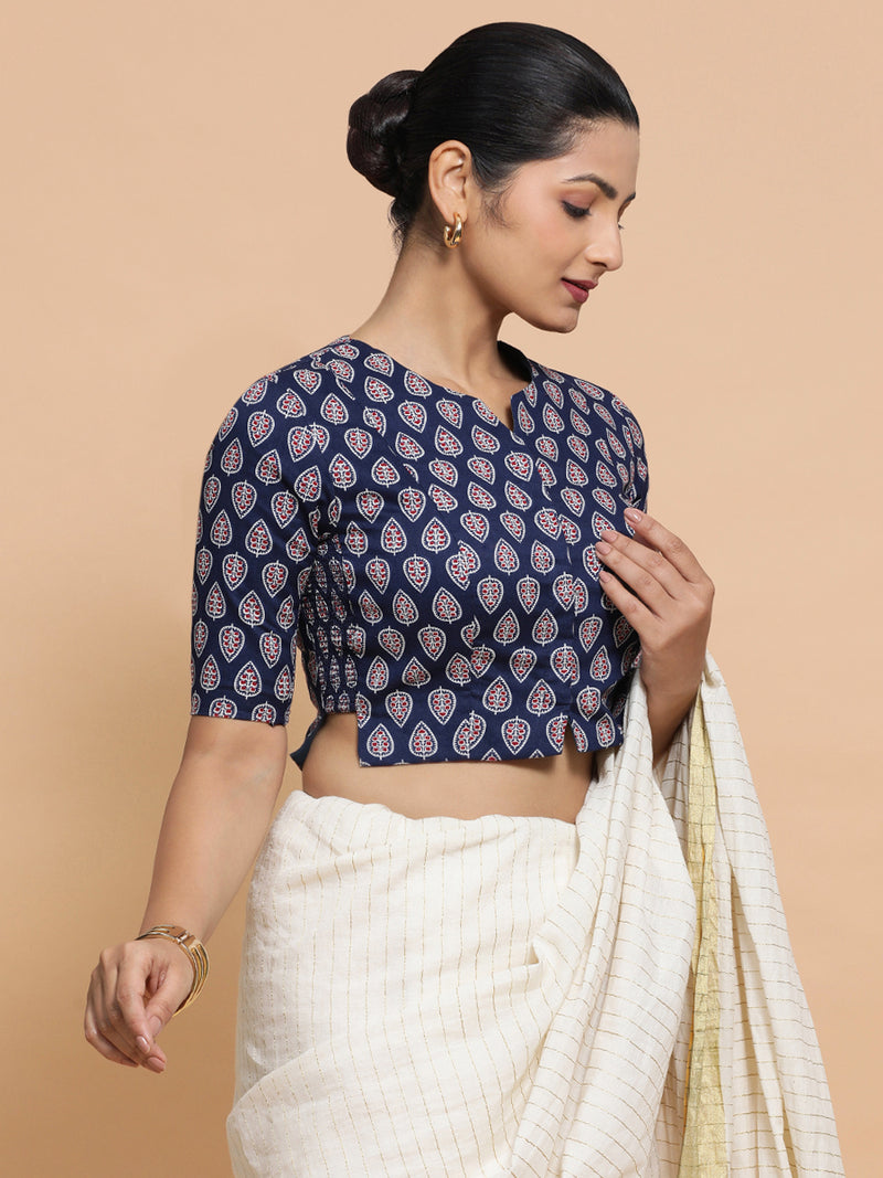 Kaira x Rozaana | Elbow Sleeves Cotton Saree Blouse in Indigo Blue Spade Block Print Fabric-Binks