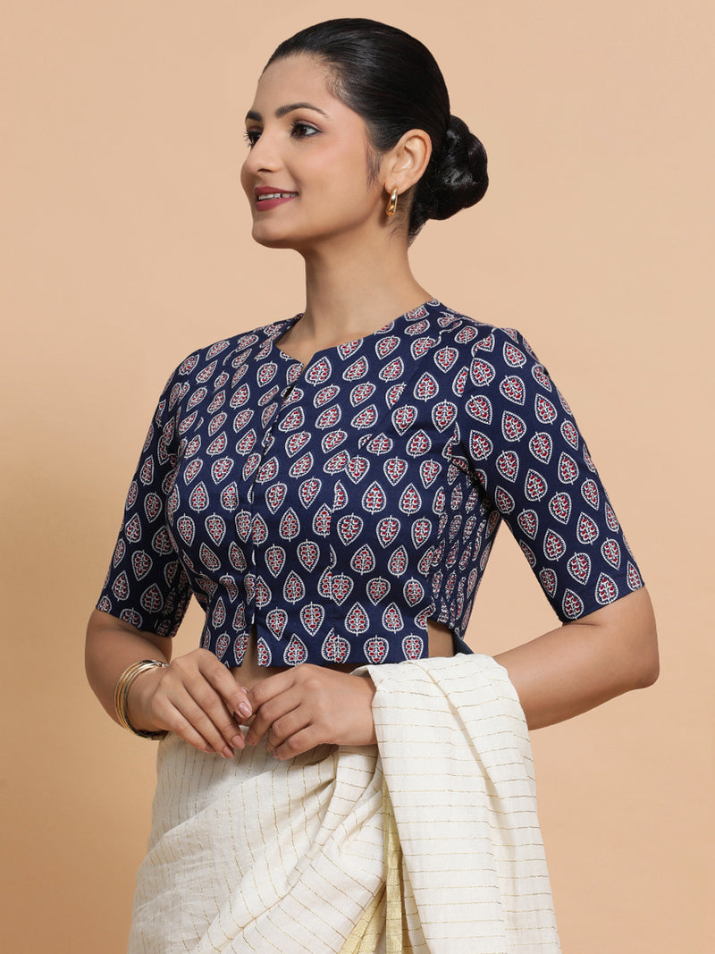Kaira x Rozaana | Elbow Sleeves Cotton Saree Blouse in Indigo Blue Spade Block Print Fabric-Binks