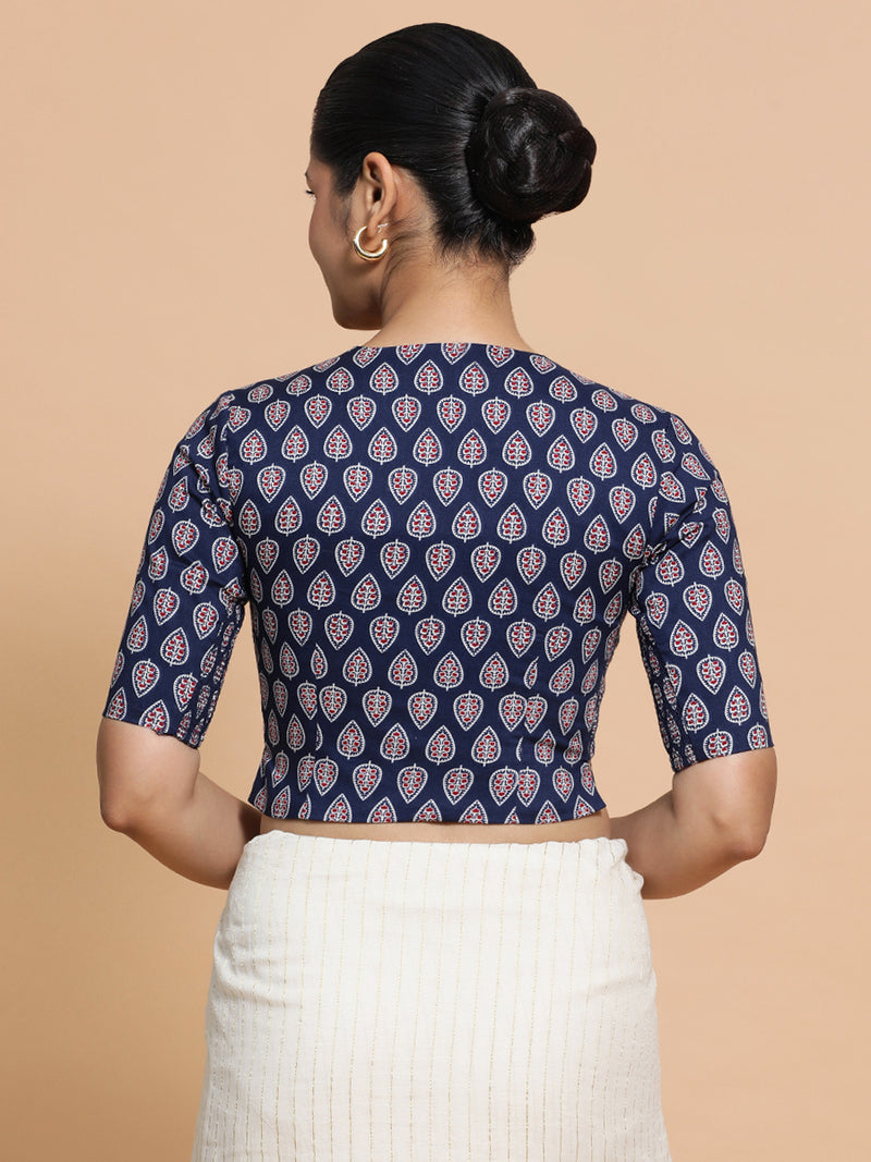 Kaira x Rozaana | Elbow Sleeves Cotton Saree Blouse in Indigo Blue Spade Block Print Fabric-Binks