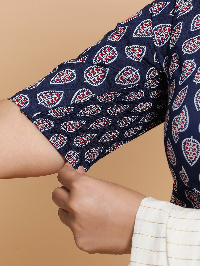 Kaira x Rozaana | Elbow Sleeves Cotton Saree Blouse in Indigo Blue Spade Block Print Fabric-Binks