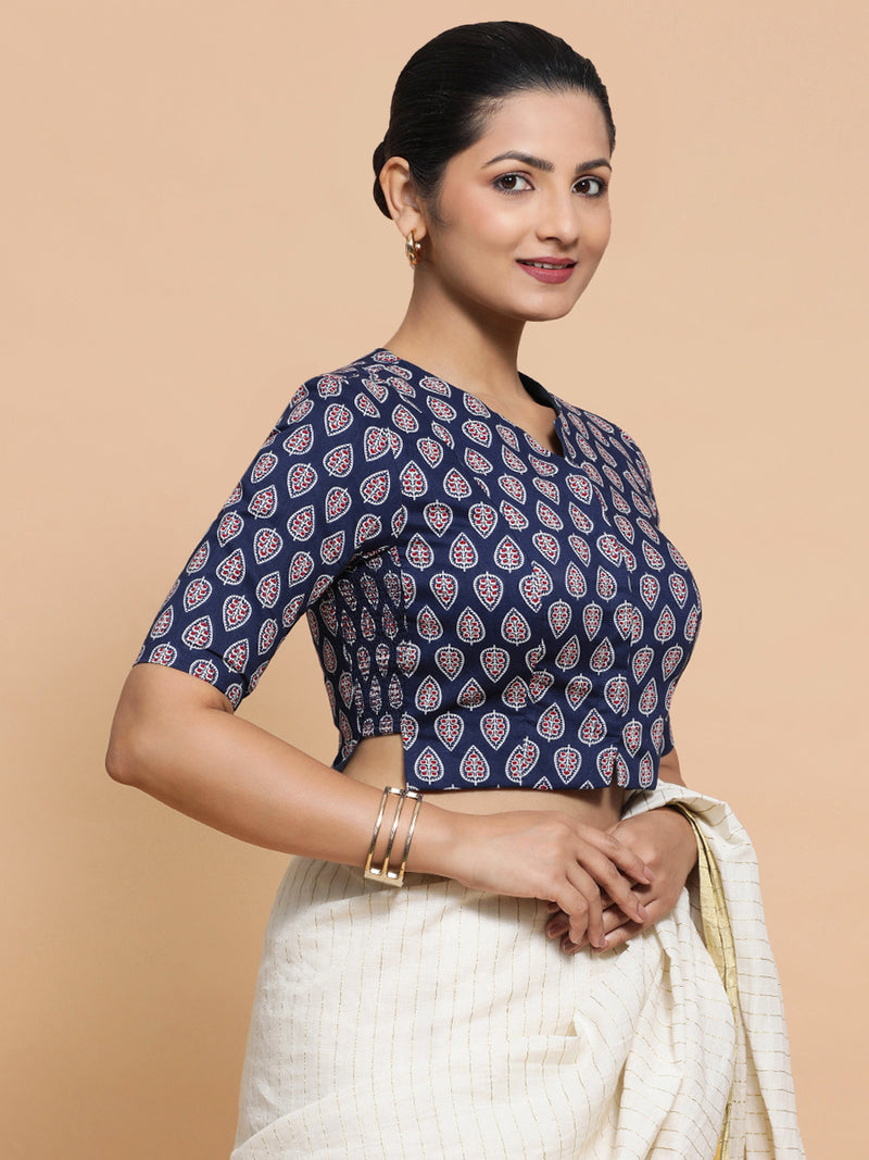 Kaira x Rozaana | Elbow Sleeves Cotton Saree Blouse in Indigo Blue Spade Block Print Fabric-Binks