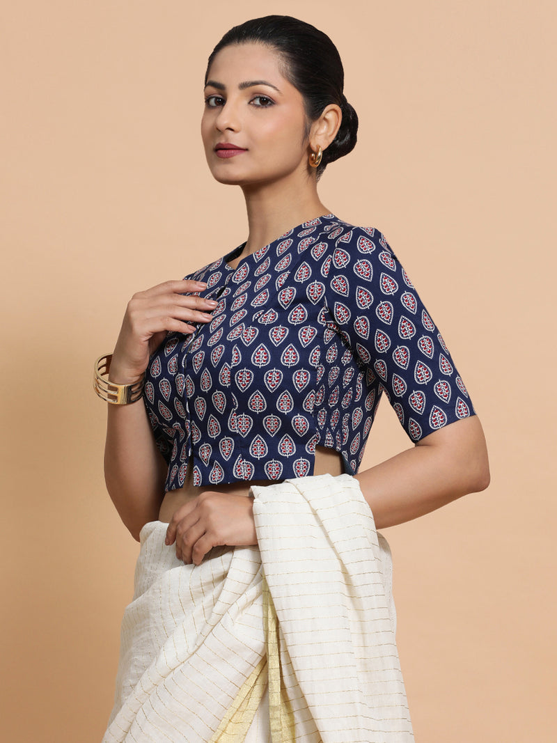 Kaira x Rozaana | Elbow Sleeves Cotton Saree Blouse in Indigo Blue Spade Block Print Fabric-Binks