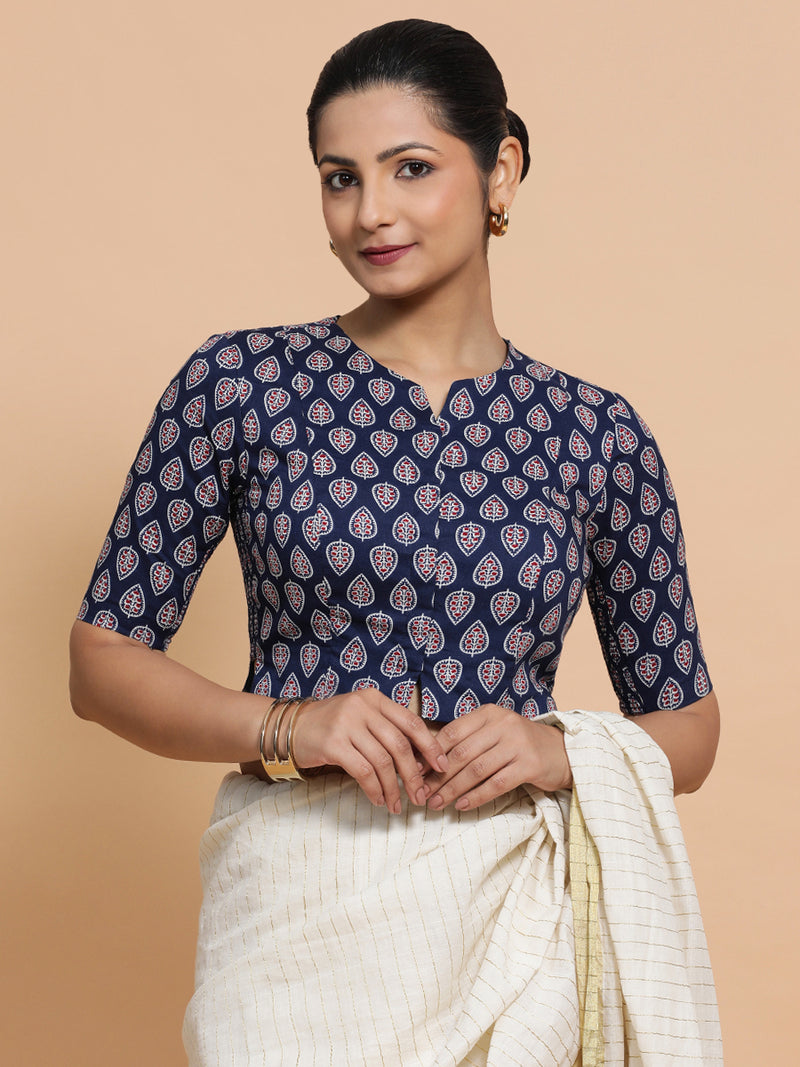 Kaira x Rozaana | Elbow Sleeves Cotton Saree Blouse in Indigo Blue Spade Block Print Fabric-Binks